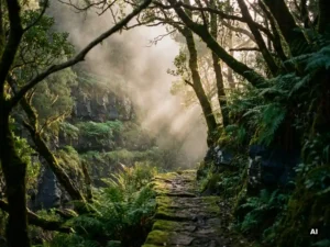 Mistig laurierwoud in de Garajonay-vallei op La Gomera, met een smal oud wandelpad langs begroeide vulkanische kliffen.