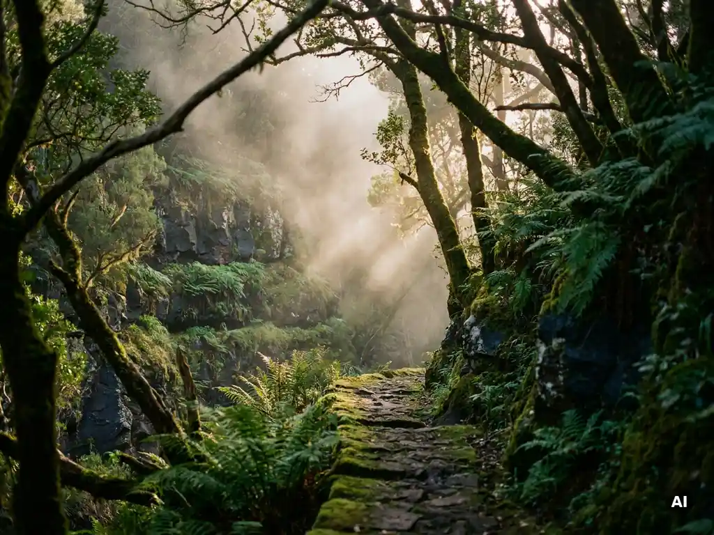 Mistig laurierwoud in de Garajonay-vallei op La Gomera, met een smal oud wandelpad langs begroeide vulkanische kliffen.