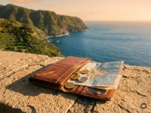 Versleten leren reisportemonnee met euromunten en een gevouwen kaart van La Gomera op een zonnig stenen oppervlak.
