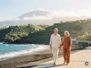 Ouder koppel wandelt ontspannen over de promenade van Tenerife met zwart vulkanisch strand en de Teide op de achtergrond.