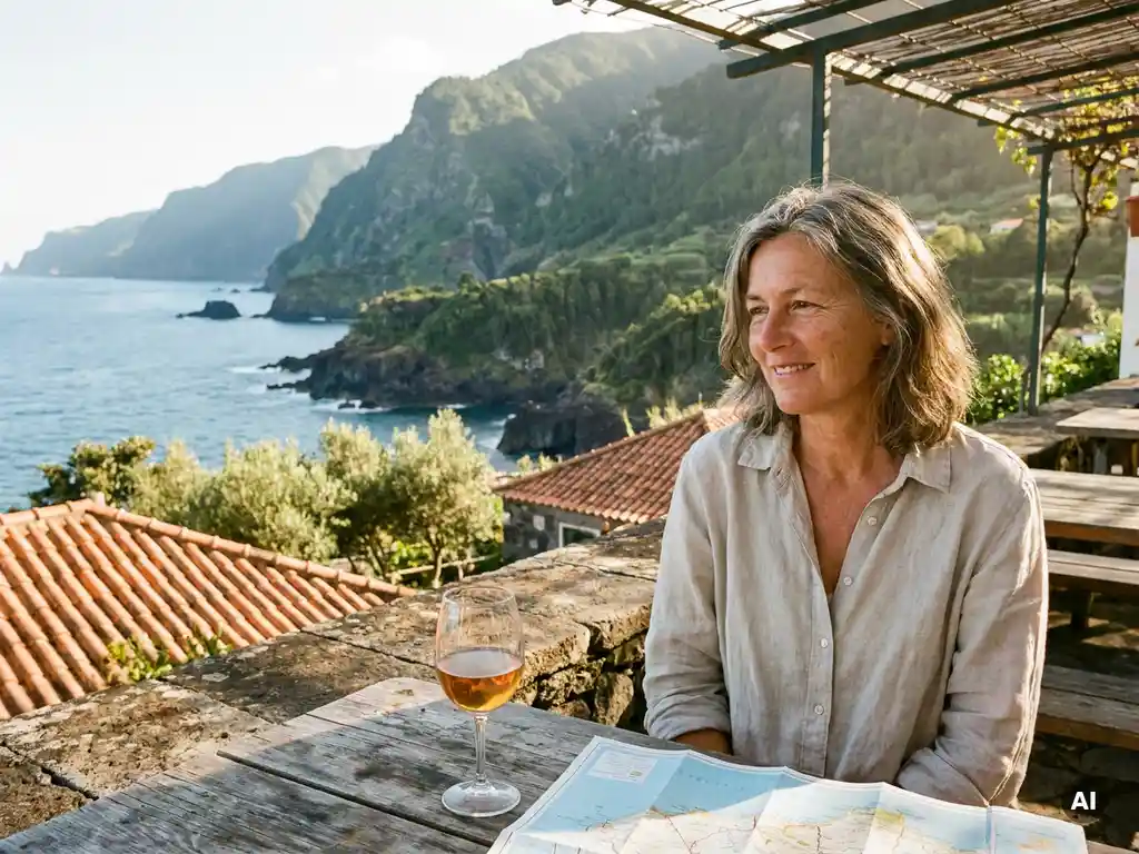 Vrouw van in de vijftig geniet van lokale wijn op een zonnig stenen terras met uitzicht op La Palma's vulkanische kustlijn.