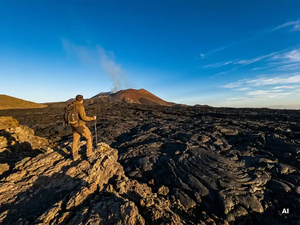 Wandelaar aan de rand van de zwarte lavavelden van Tajogaite, La Palma, met smeulende vulkaankegel onder een stralend Atlantische lucht.