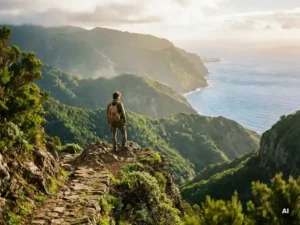 Wandelaar op rotsachtig uitkijkpunt op La Gomera, met weelderig laurierwoud en de Atlantische kust op de achtergrond.