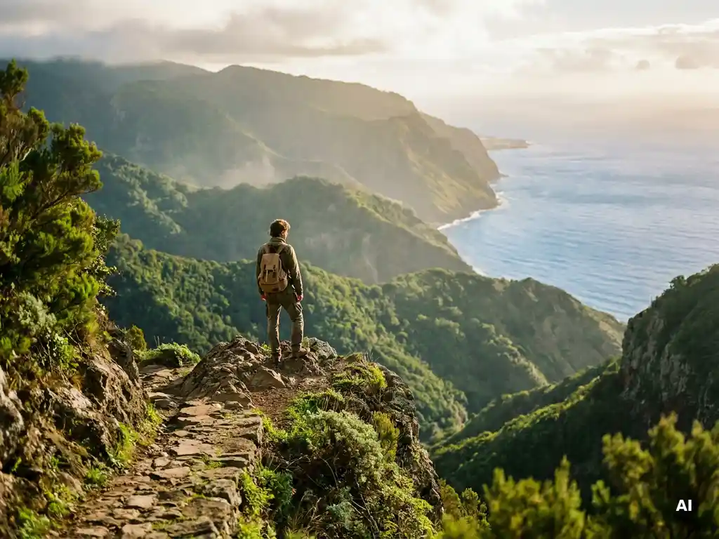 Wandelaar op rotsachtig uitkijkpunt op La Gomera, met weelderig laurierwoud en de Atlantische kust op de achtergrond.
