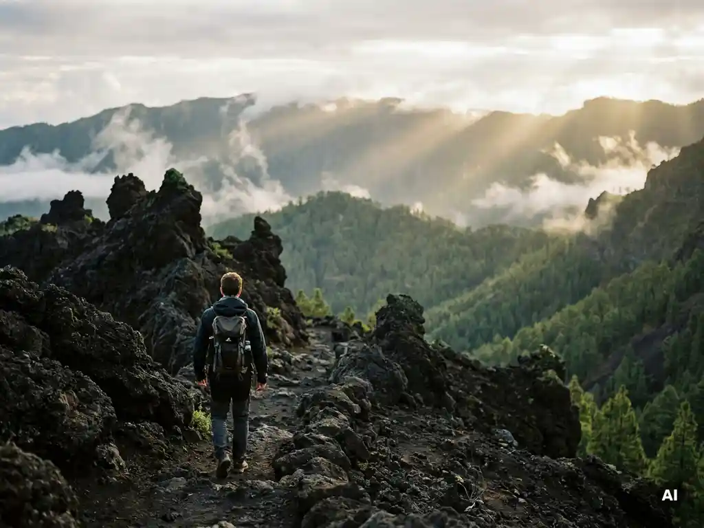 Wandelaar op vulkanische lavakammen van La Palma, omringd door zwarte lavavelden en groene dennenbossen met mistige wolken boven de caldera.
