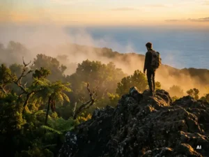 Wandelaar op vulkanische bergkam in La Gomera met uitzicht over laurierbos en de Atlantische Oceaan in goudkleurig avondlicht.