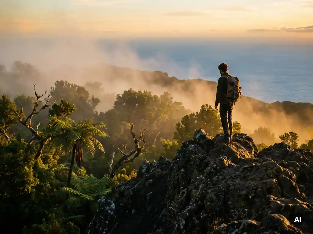 Wandelaar op vulkanische bergkam in La Gomera met uitzicht over laurierbos en de Atlantische Oceaan in goudkleurig avondlicht.