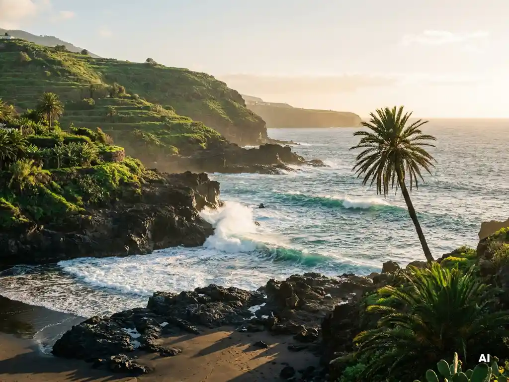 Zwart lavastrand in Valle Gran Rey, La Gomera, met turquoise golven, donkere kliffen, terrasvormige groene hellingen en een palmboom in goudkleurig middaglicht.